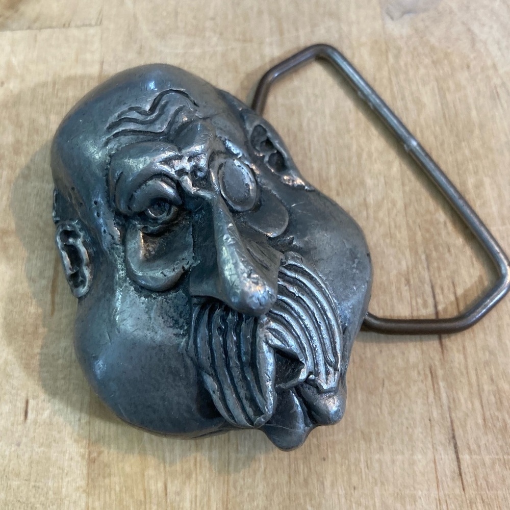 Face belt buckle bald man monocle Vintage pewter Indiana Metal Craft